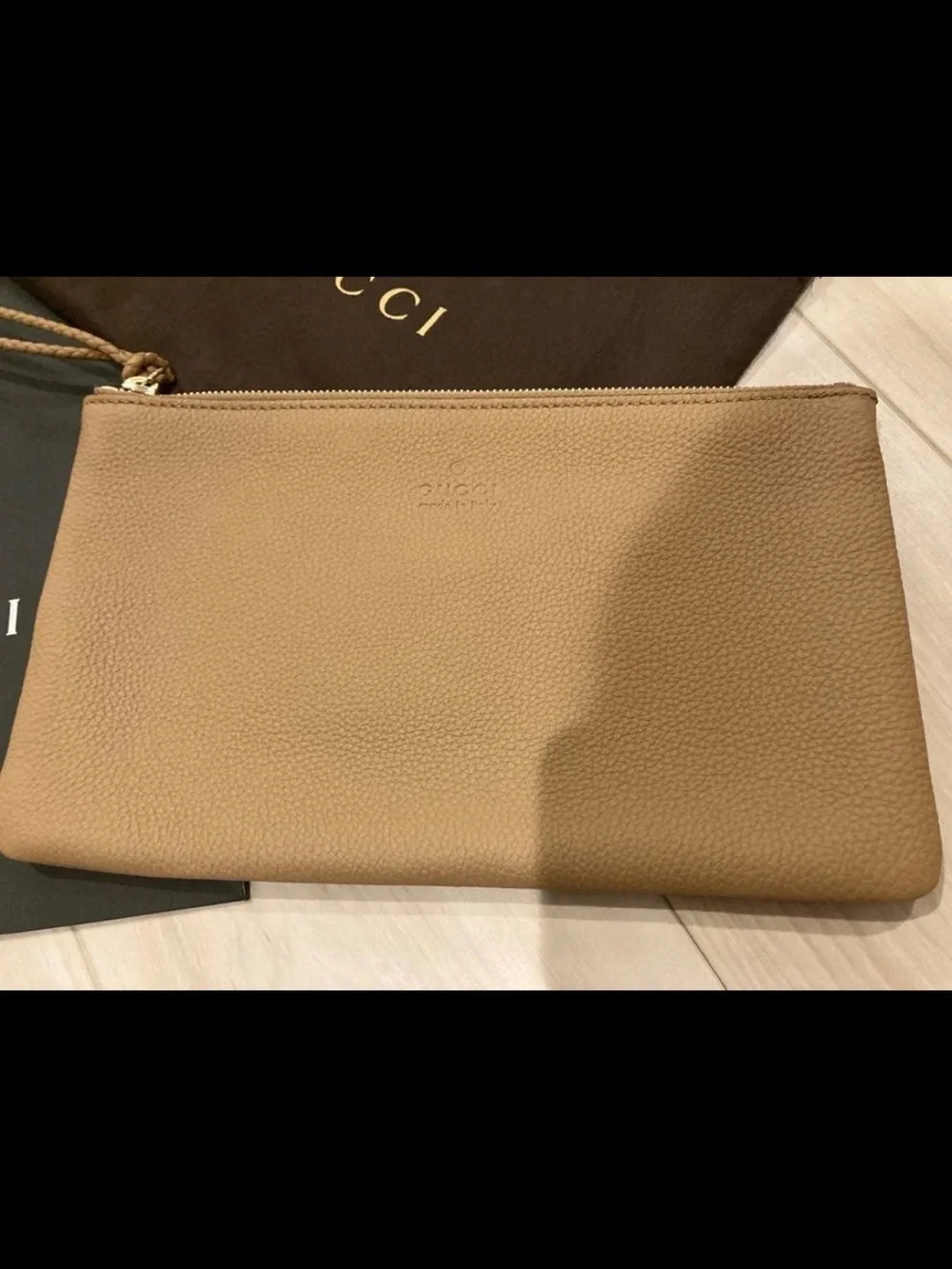 Gucci Tan Pebbled Leather Tassel Wristlet Pouch